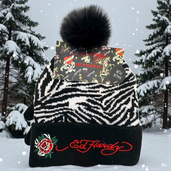 Ed Hardy Accessories - Ed Hardy Skull Rose 2 Beanies & Gloves Set Pink Black Faux Fur Pom Pom